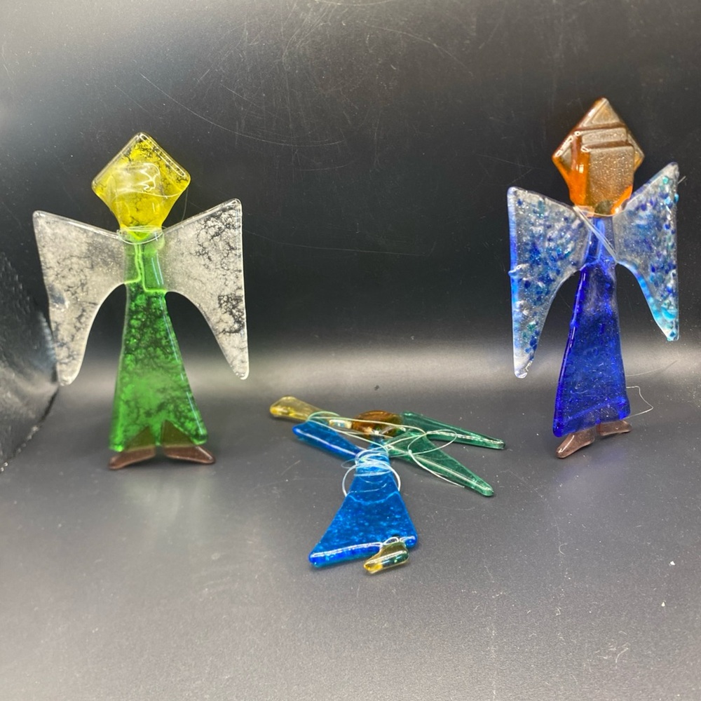 Stained Glass 3 Vintage German Glass Angels‎ Hanging Ornaments Vivid Colors